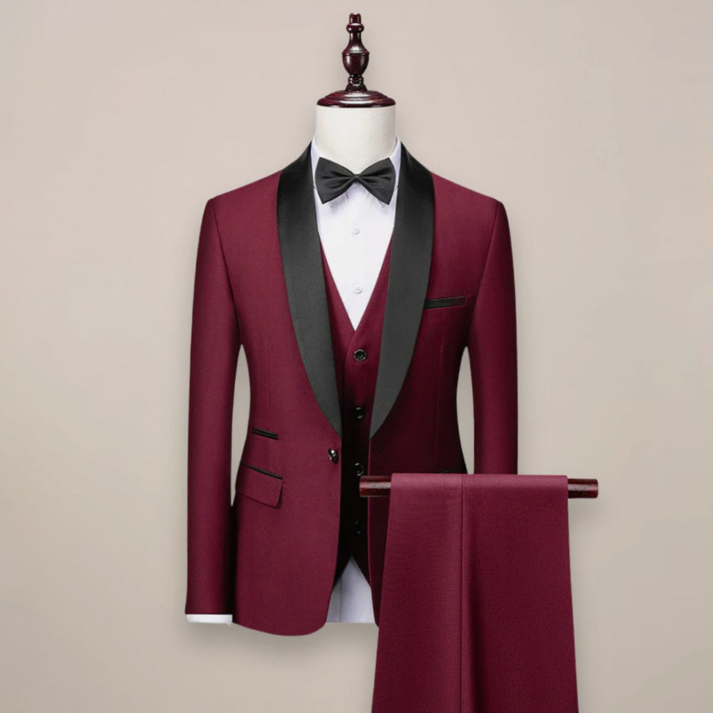 Herren Slim-Fit Dreiteiliger Anzug Schalkragen Smoking Formal - Rot