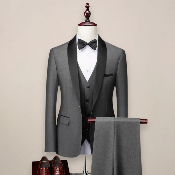 Herren Slim-Fit Dreiteiliger Anzug Schalkragen Smoking Formal - Grau