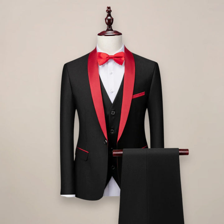 Herren Slim-Fit Dreiteiliger Anzug Schalkragen Smoking Formal - Schwarz mit Rot