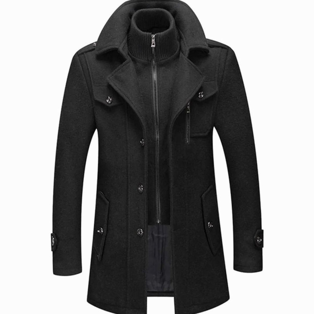 Herren Slim-Fit Zweiteiliger Wollmischung Wintermantel mit Strickkragen - Schwarz