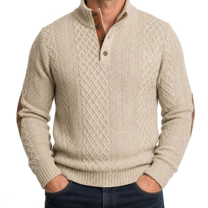 Herren Strickpullover mit Knopfkragen Zopfmuster Ellenbogenpatches - Beige