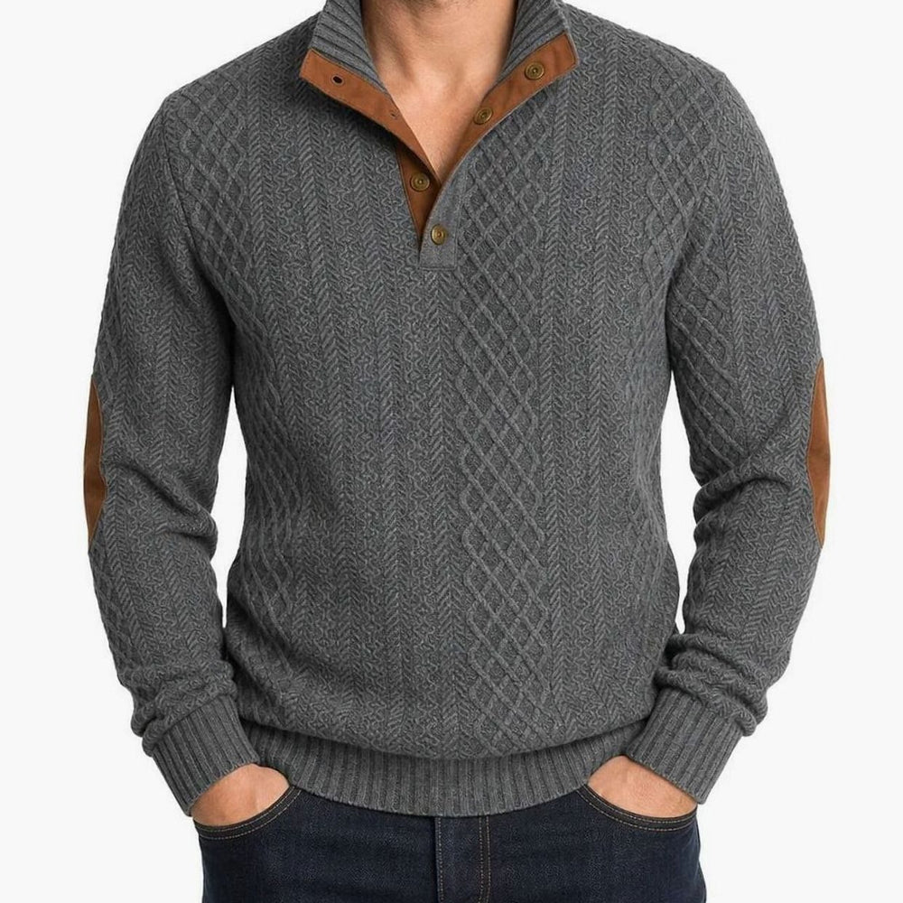Herren Strickpullover mit Knopfkragen Zopfmuster Ellenbogenpatches - Grau