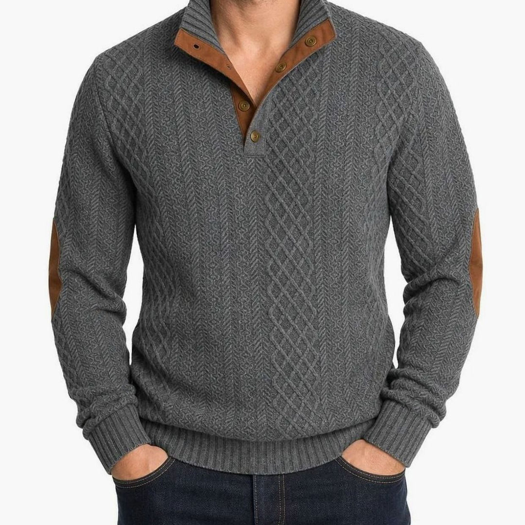 Herren Strickpullover mit Knopfkragen Zopfmuster Ellenbogenpatches - Grau