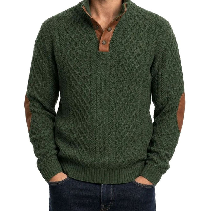 Herren Strickpullover mit Knopfkragen Zopfmuster Ellenbogenpatches - Grün