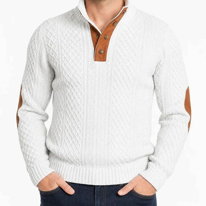 Herren Strickpullover mit Knopfkragen Zopfmuster Ellenbogenpatches - Weiß