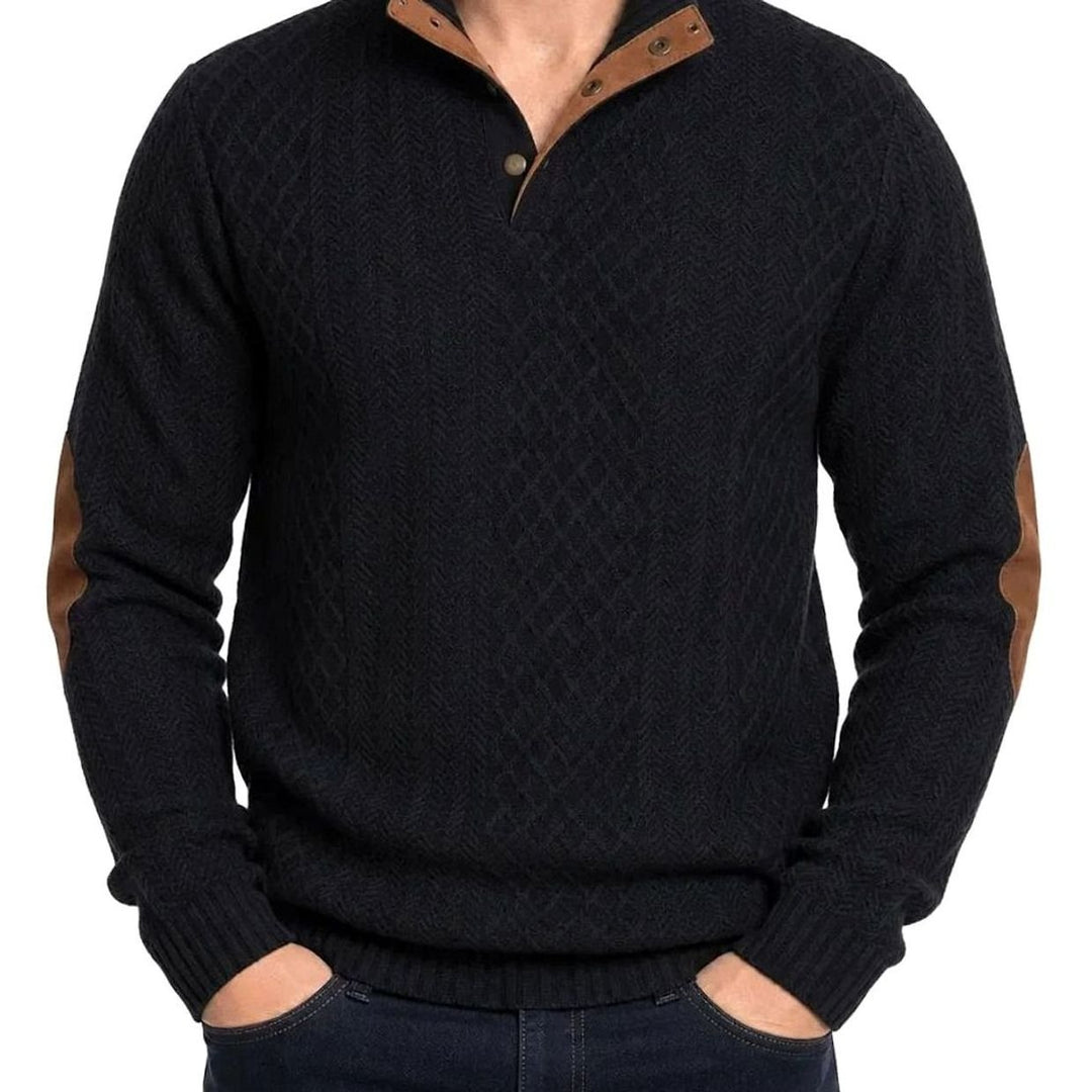 Herren Strickpullover mit Knopfkragen Zopfmuster Ellenbogenpatches - Schwarz