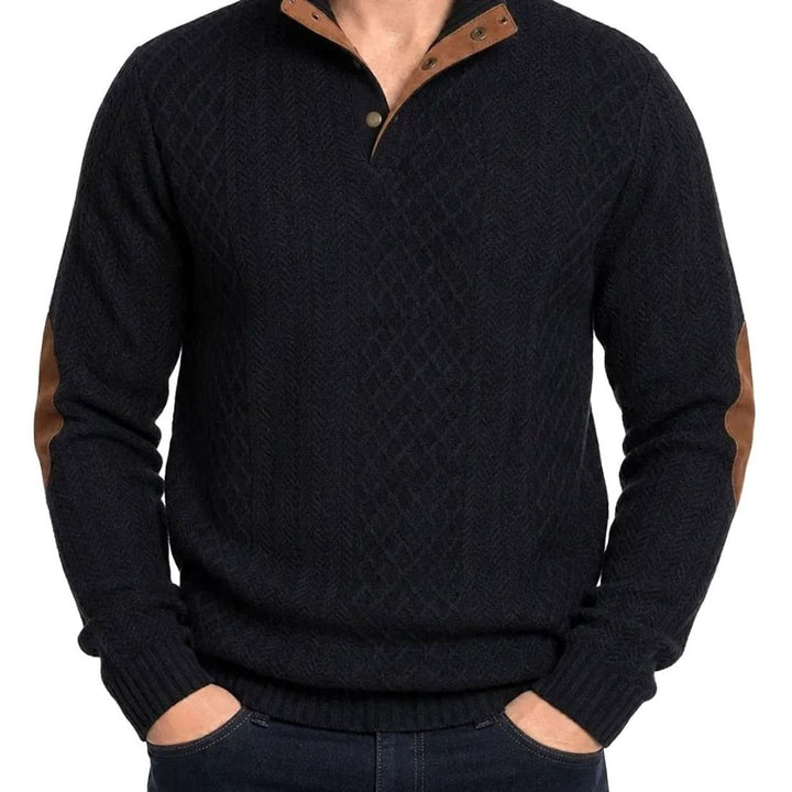 Herren Strickpullover mit Knopfkragen Zopfmuster Ellenbogenpatches - Schwarz