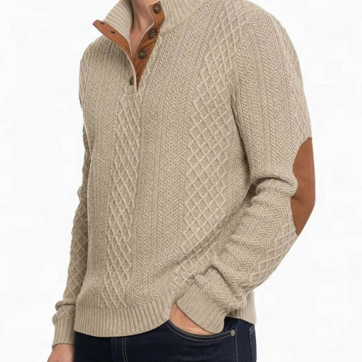 Herren Strickpullover mit Knopfkragen Zopfmuster Ellenbogenpatches