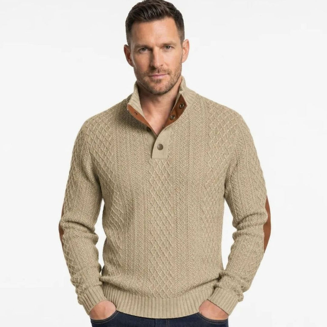 Herren Strickpullover mit Knopfkragen Zopfmuster Ellenbogenpatches
