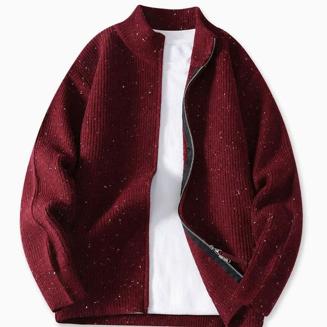 Herren Strukturierter Strickjacke mit Stehkragen und Reißverschluss - Rot