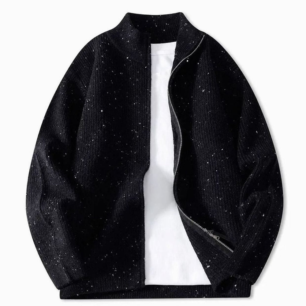 Herren Strukturierter Strickjacke mit Stehkragen und Reißverschluss - Schwarz