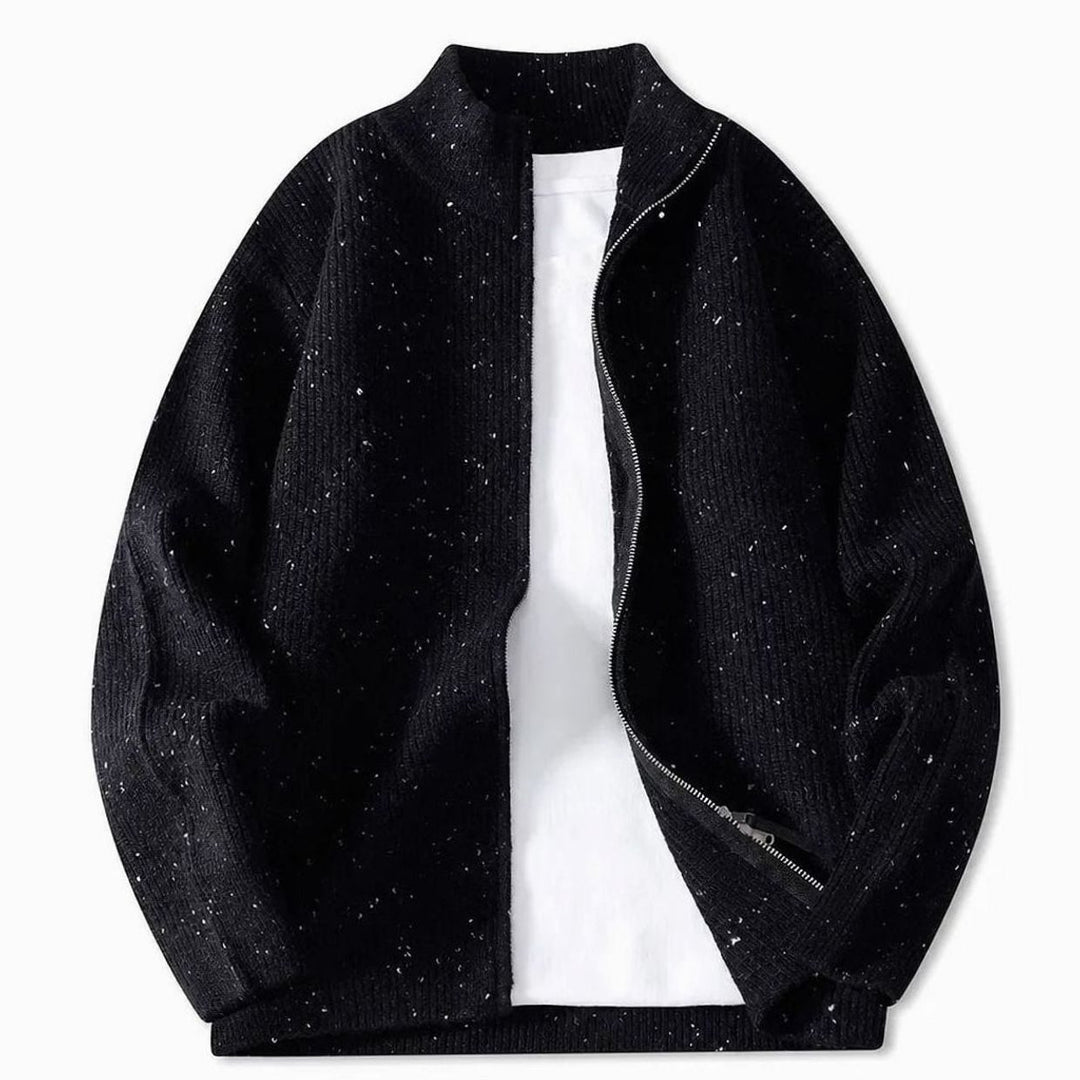 Herren Strukturierter Strickjacke mit Stehkragen und Reißverschluss - Schwarz