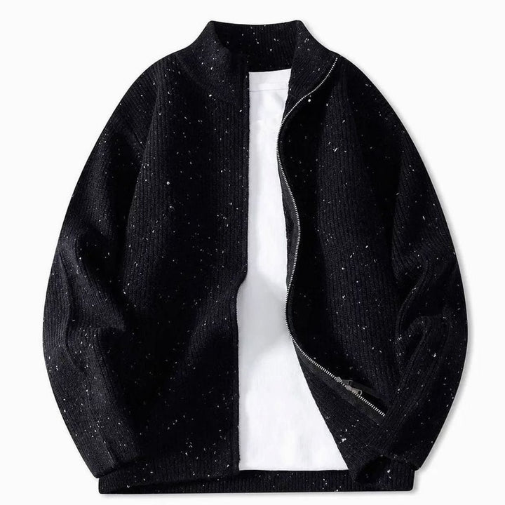 Herren Strukturierter Strickjacke mit Stehkragen und Reißverschluss - Schwarz
