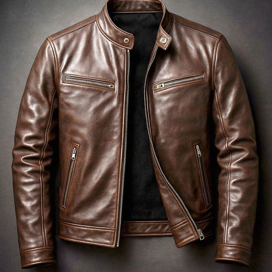 Herren Vintage Echtleder Reißverschluss Bikerjacke Stehkragen - Zigarrenbraun