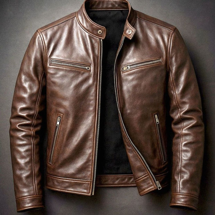 Herren Vintage Echtleder Reißverschluss Bikerjacke Stehkragen - Zigarrenbraun