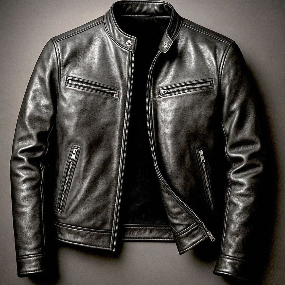 Herren Vintage Echtleder Reißverschluss Bikerjacke Stehkragen - Biker Schwarz