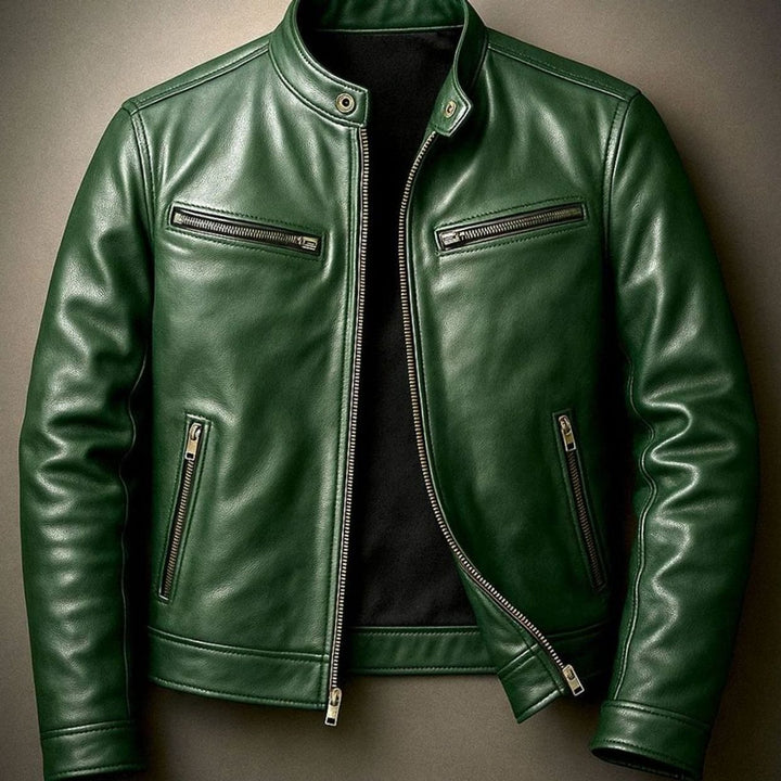 Herren Vintage Echtleder Reißverschluss Bikerjacke Stehkragen - Tannengrün