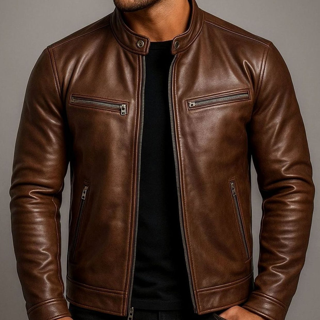 Herren Vintage Echtleder Reißverschluss Bikerjacke Stehkragen