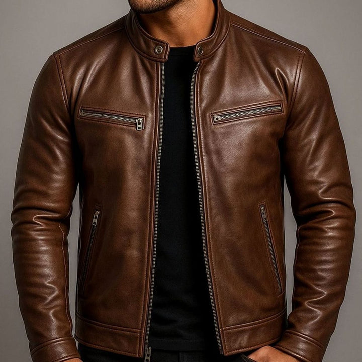 Herren Vintage Echtleder Reißverschluss Bikerjacke Stehkragen