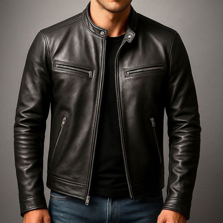 Herren Vintage Echtleder Reißverschluss Bikerjacke Stehkragen