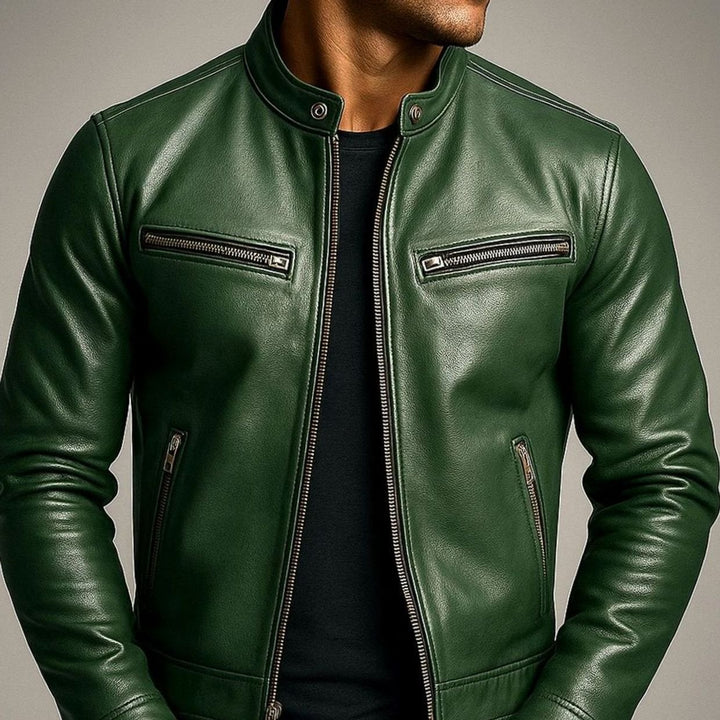 Herren Vintage Echtleder Reißverschluss Bikerjacke Stehkragen