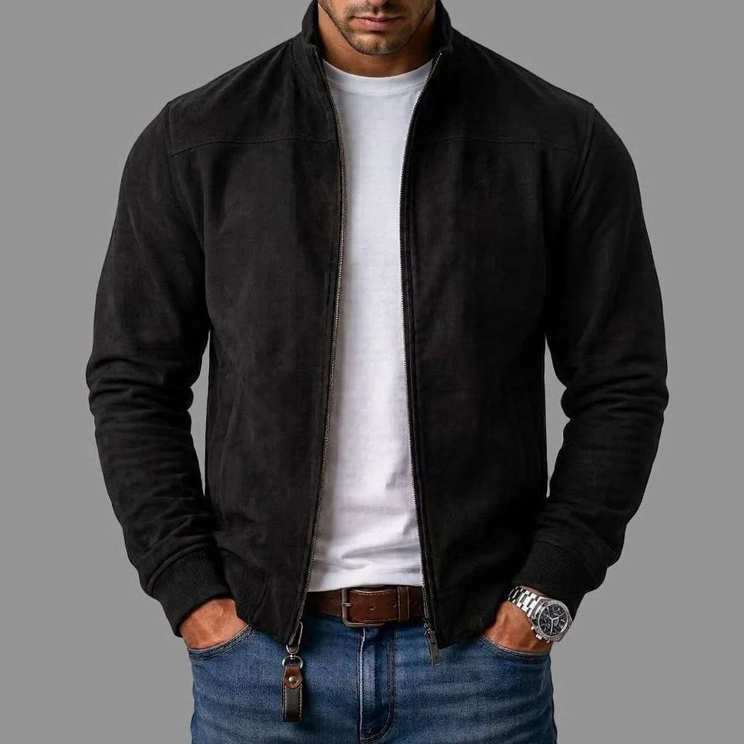 Herren Zip-Up Bomberjacke Wildleder-Optik Stehkragen - Schwarz