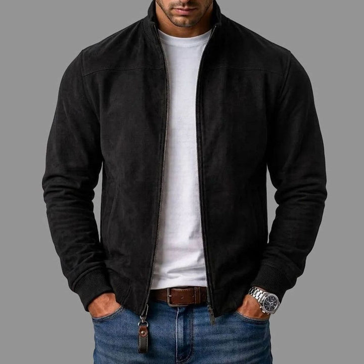 Herren Zip-Up Bomberjacke Wildleder-Optik Stehkragen - Schwarz