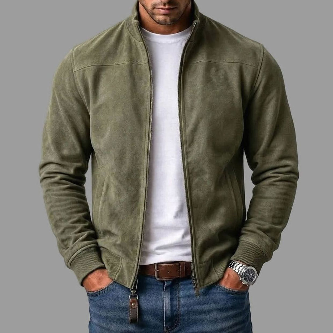 Herren Zip-Up Bomberjacke Wildleder-Optik Stehkragen - Olivgrün