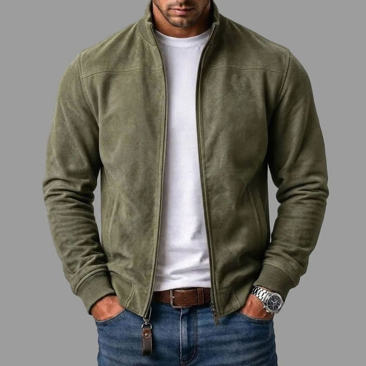 Herren Zip-Up Bomberjacke Wildleder-Optik Stehkragen - Olivgrün