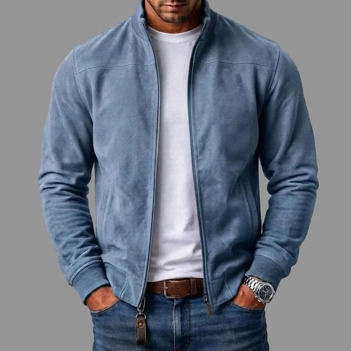 Herren Zip-Up Bomberjacke Wildleder-Optik Stehkragen - Himmelblau