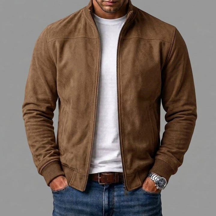 Herren Zip-Up Bomberjacke Wildleder-Optik Stehkragen - Braun