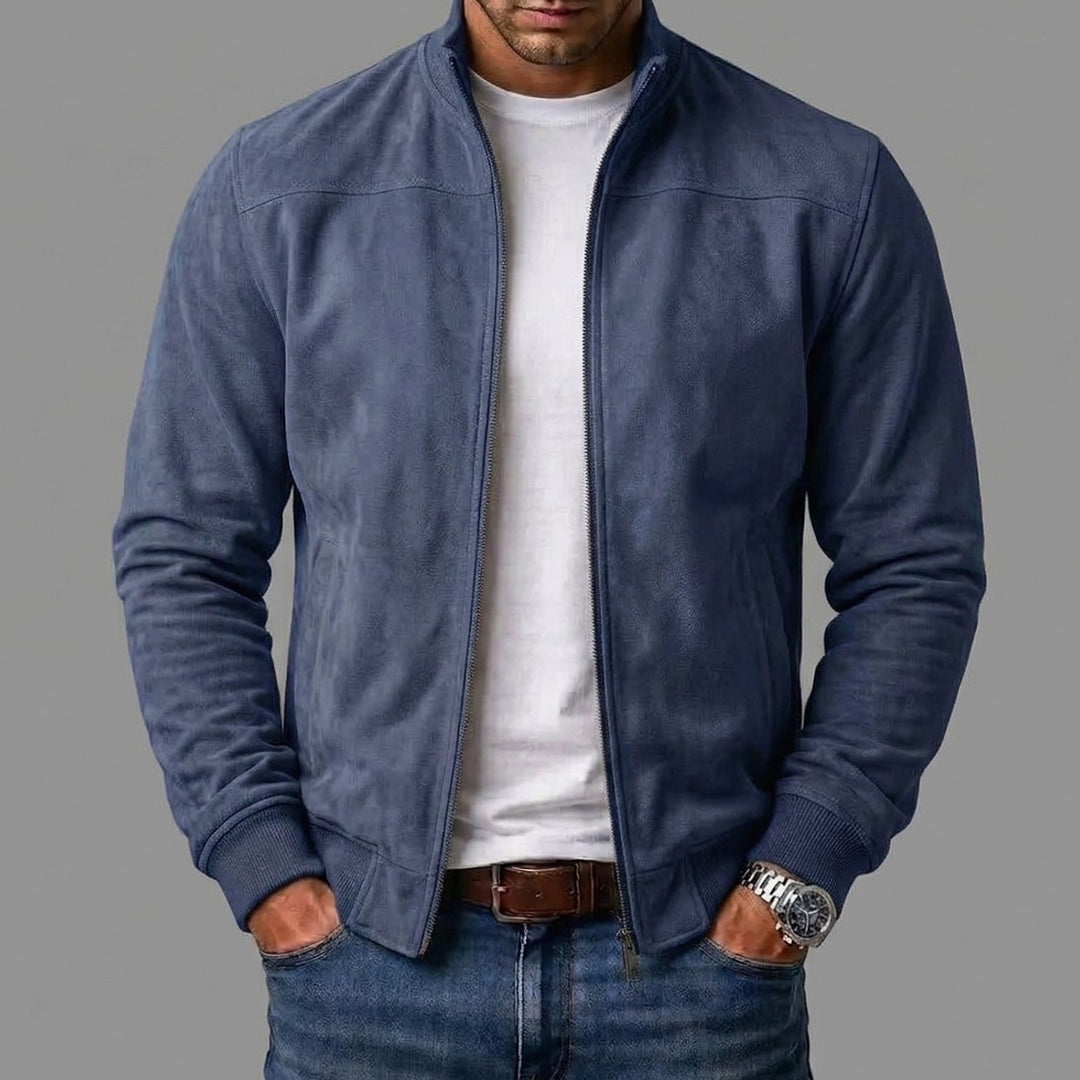 Herren Zip-Up Bomberjacke Wildleder-Optik Stehkragen - Dunkelblau
